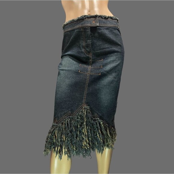Vintage Parasuco Fringed Denim Midi Skirt Size S Dark Wash Grunge Festival - Picture 1 of 10